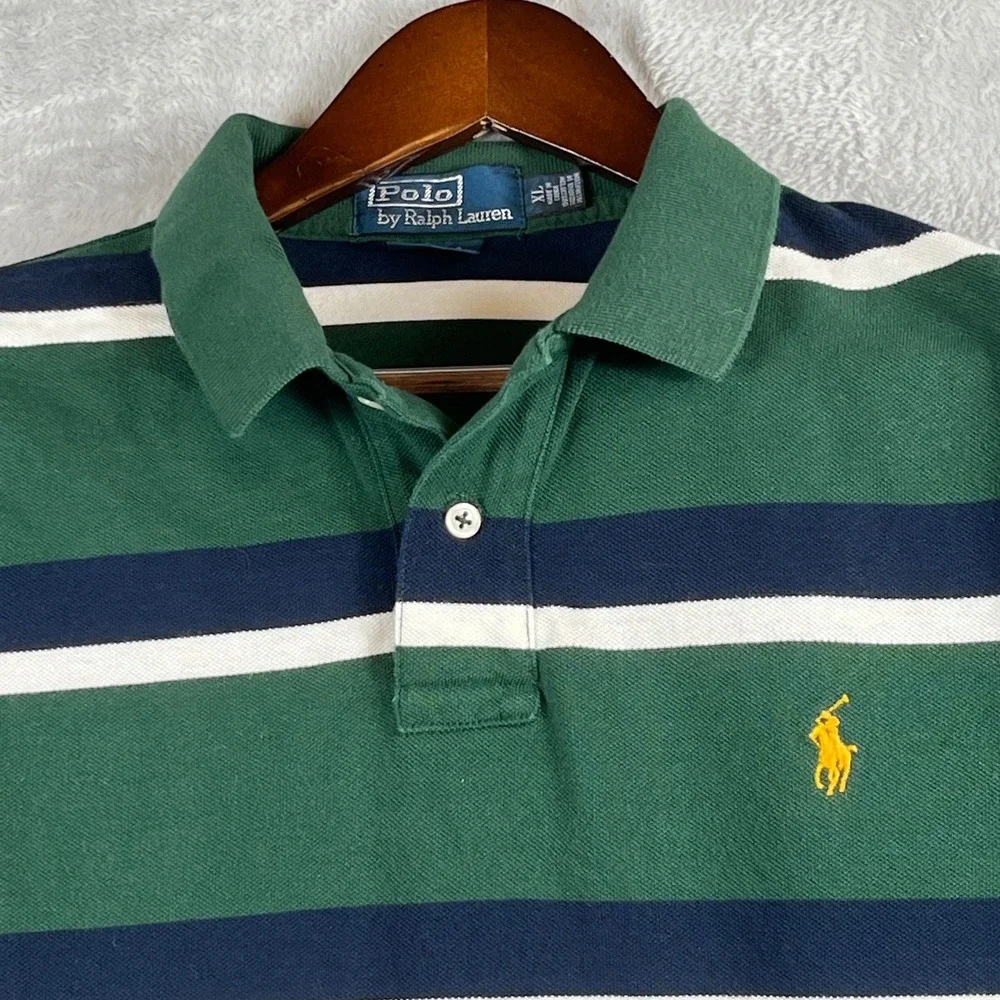 Polo Ralph Lauren XL Custom Fit Green Stripe Polo Shirt Yellow Pony Pique Cotton